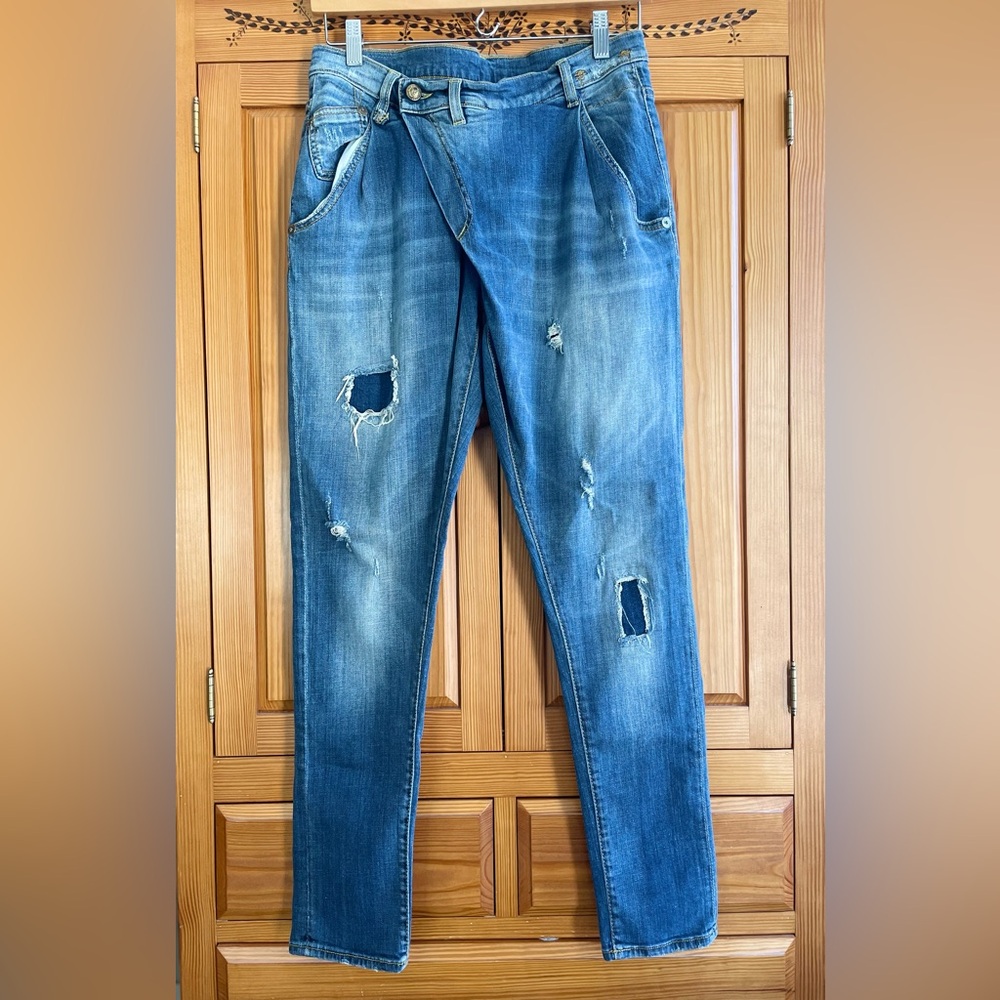 Women's R13 Crossover X-over mended faded blue skinny Jeans denim Italy 28